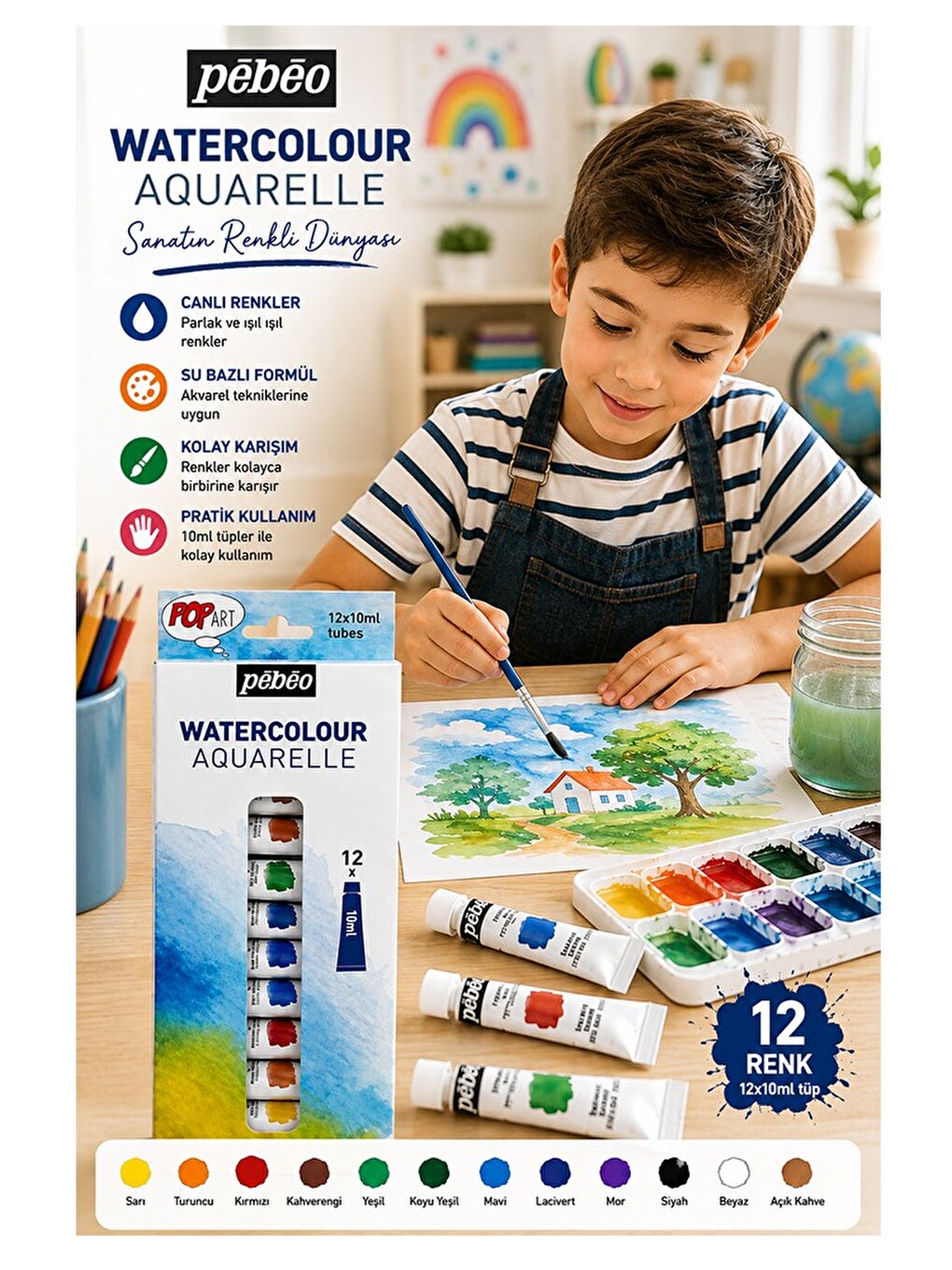 Sulu Boya 12 Renk 12 Ml Tüp 1 Paket Pepeo Suluboya Seti 12 Li Tüpte Canlı Parlak Ve Solmayan Profesy-1
