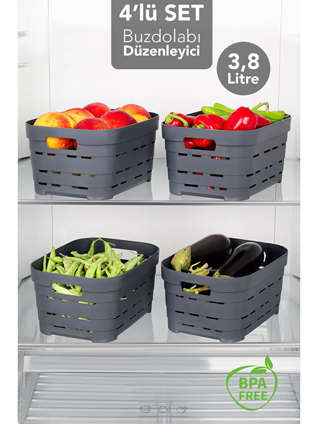 Antrasit 4 Adet Delikli Buzdolabı Düzenleyici 3,8 l