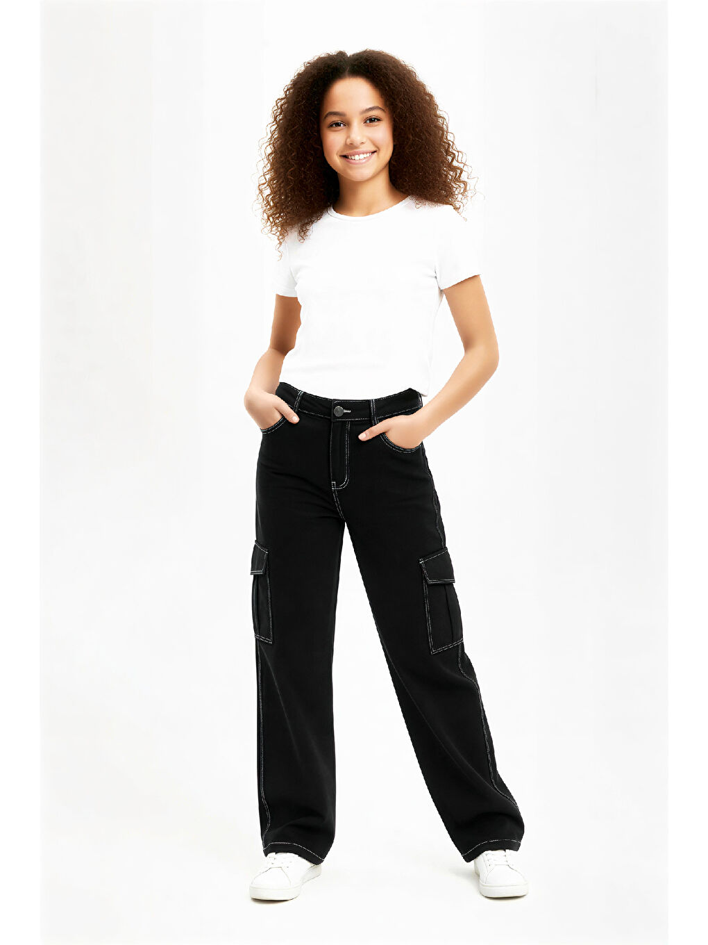 Siyah Kız Çocuk Yüksek Bel-Kargo Cepli-Geniş Paçalı Jean Pantolon 12-16 Yaş 12522