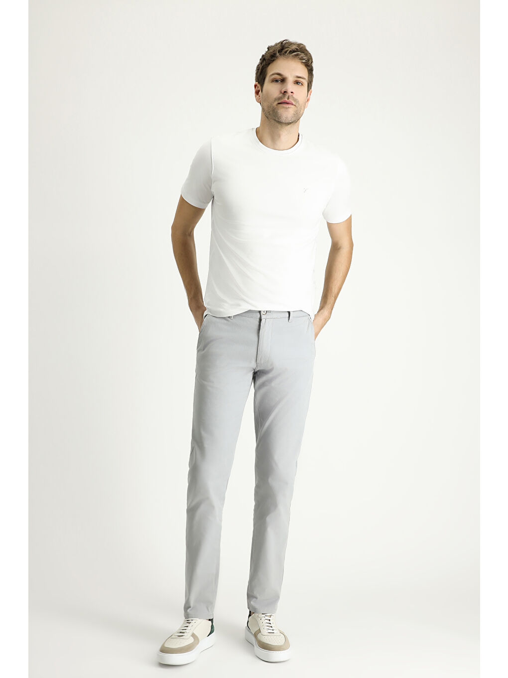 Gri Relaxed Fit Rahat Kesim Desenli Elastanlı Kanvas / Chino Pantolon