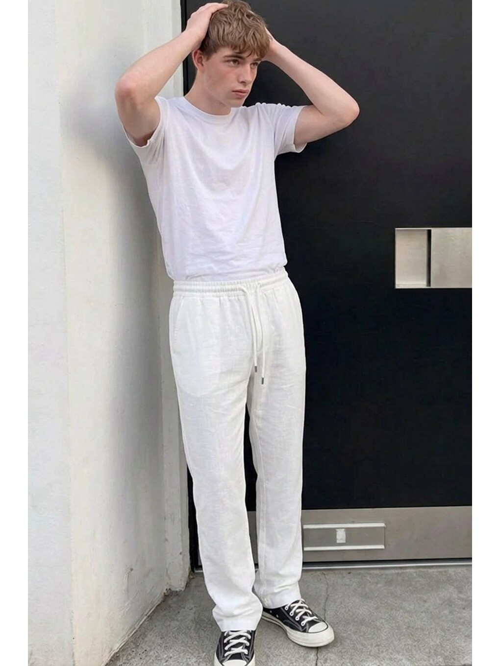 Erkek Comfort Fit Bol Paça Beyaz Baggy Pantolon-2