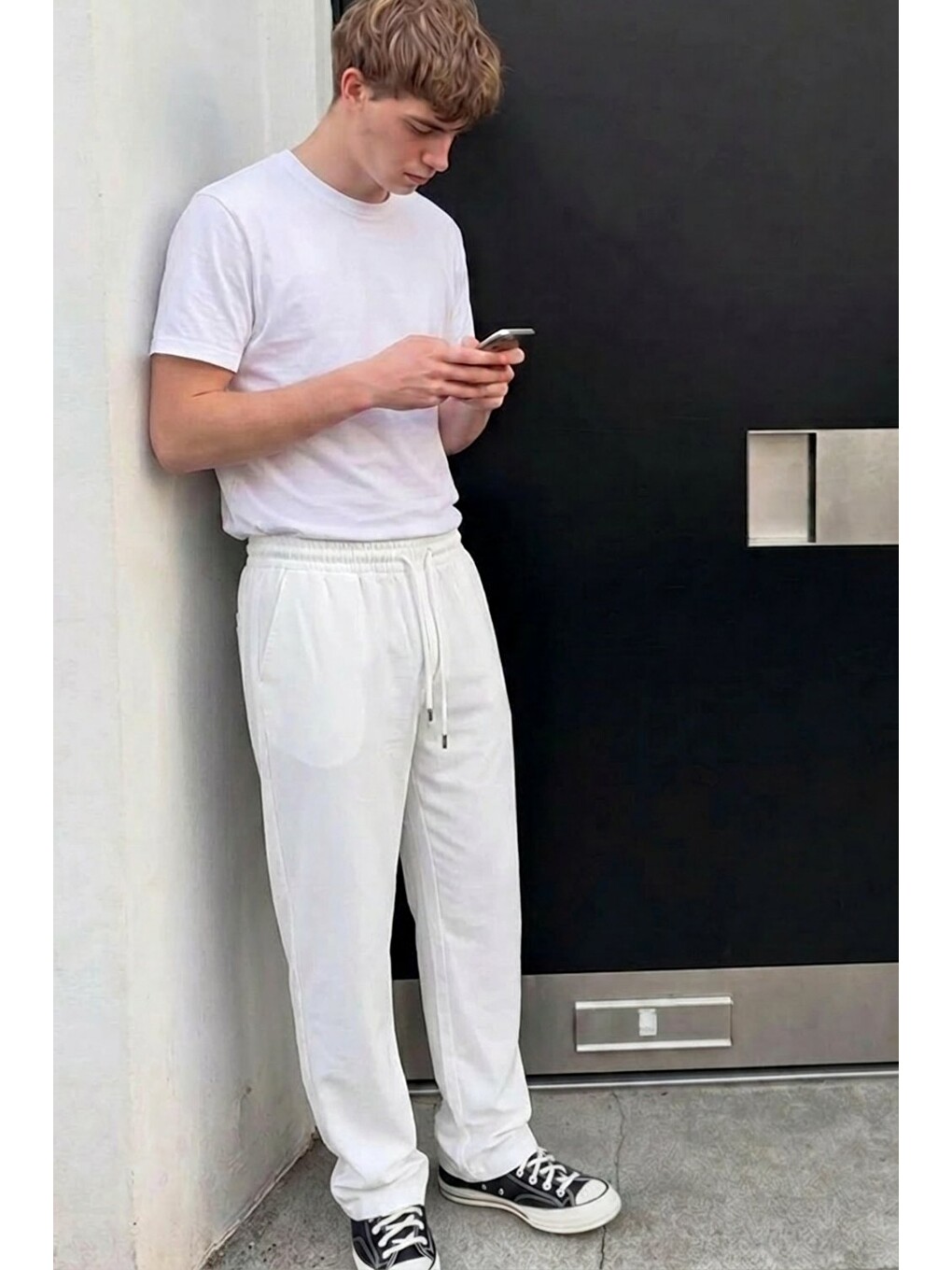 Erkek Comfort Fit Bol Paça Beyaz Baggy Pantolon-3