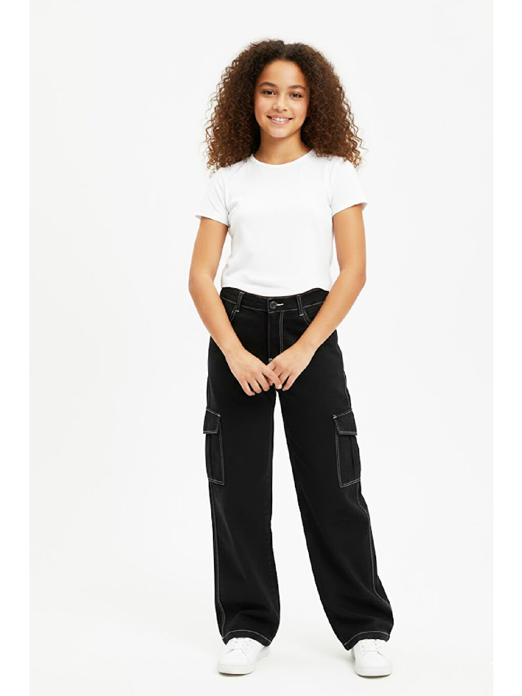 Siyah Kız Çocuk Yüksek Bel-Kargo Cepli-Geniş Paçalı Jean Pantolon 12-16 Yaş 12522-2