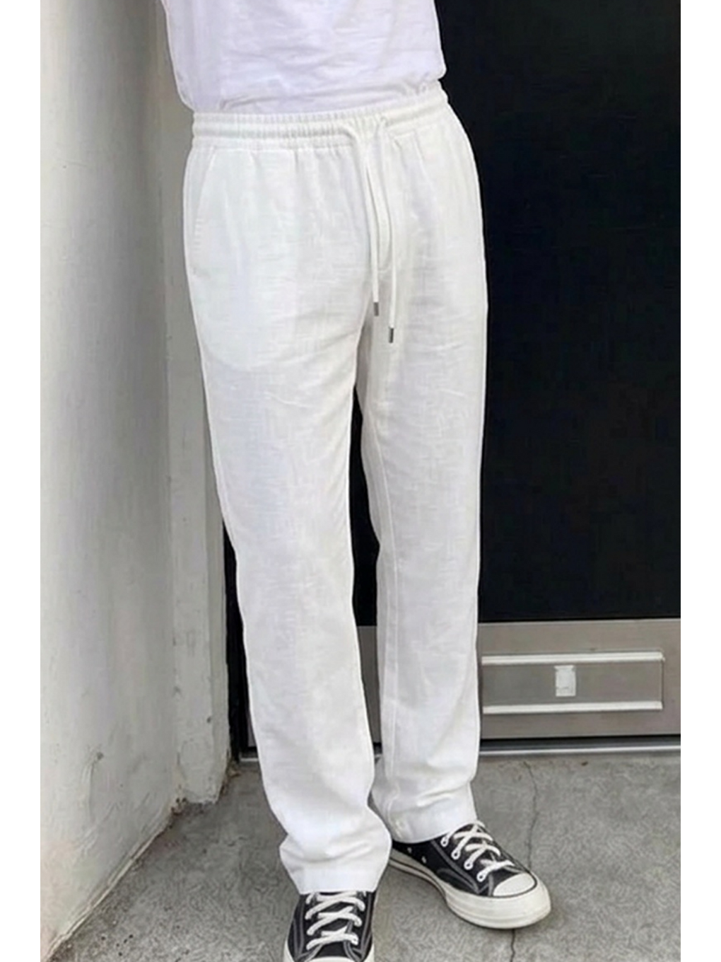 Erkek Comfort Fit Bol Paça Beyaz Baggy Pantolon-4