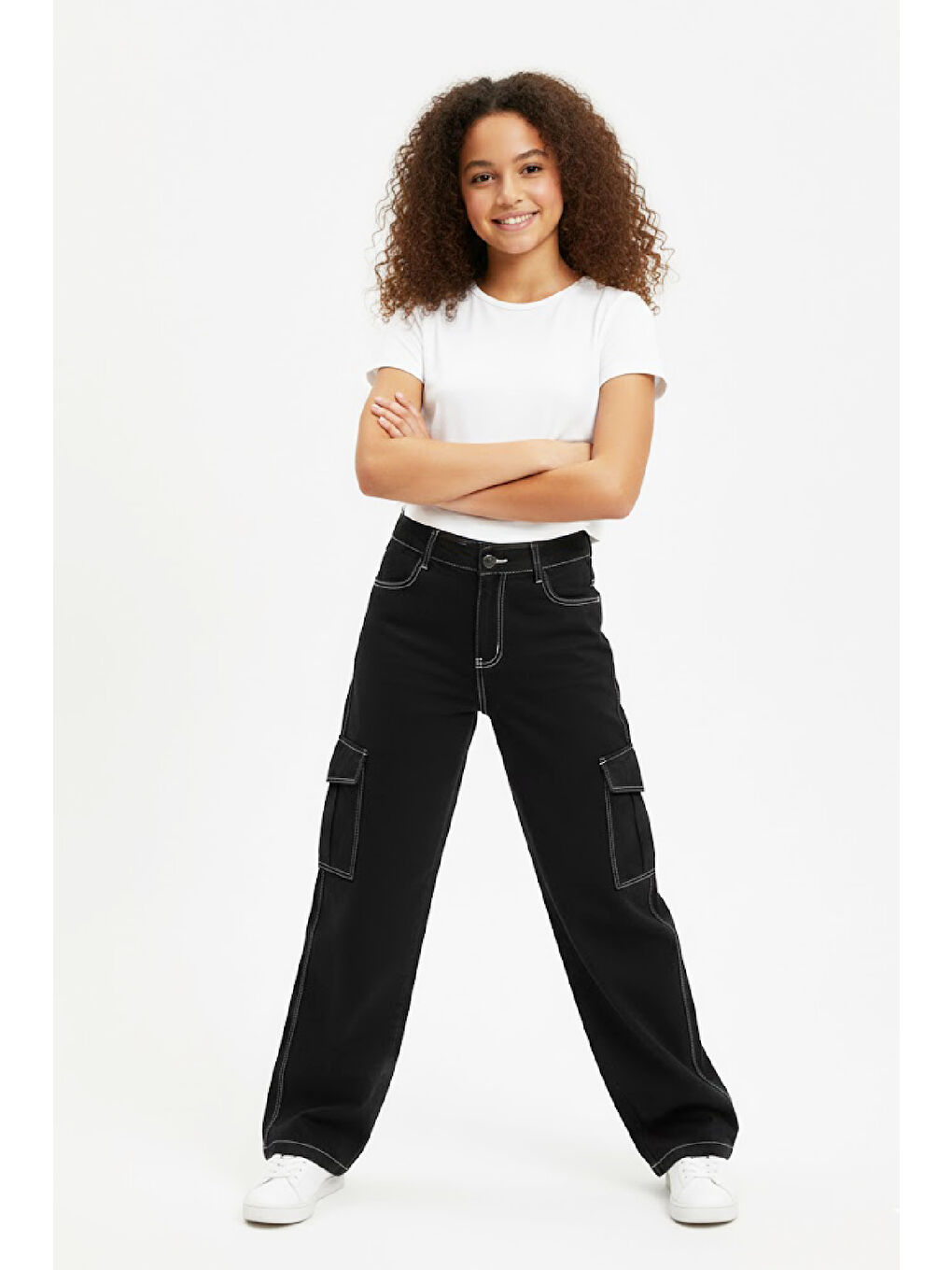 Siyah Kız Çocuk Yüksek Bel-Kargo Cepli-Geniş Paçalı Jean Pantolon 12-16 Yaş 12522-3