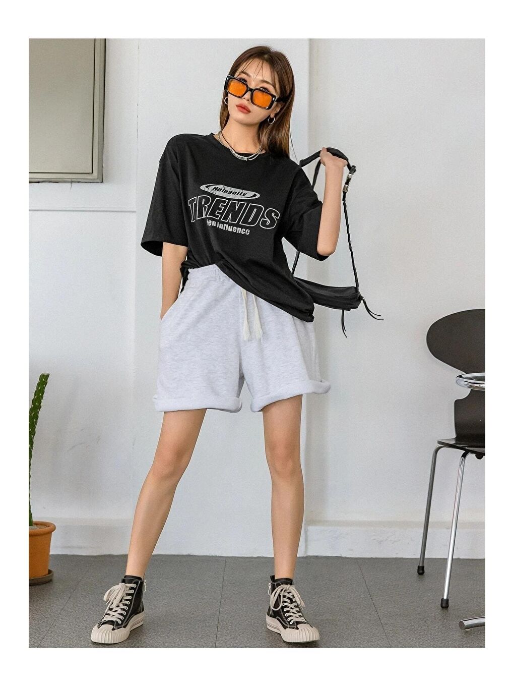 Trendseninle Siyah Kadın Siyah Trends Baskılı Oversize tişört - 6