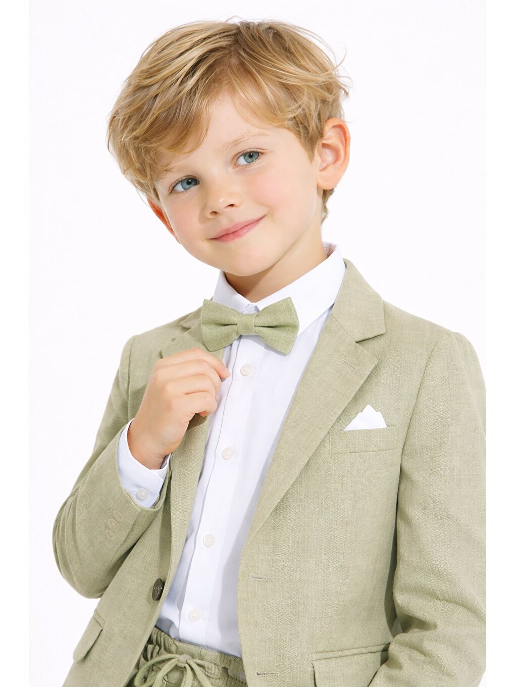 Yeşil Keten Ceket ve Pantolonlu Erkek Çocuk Papyonlu 4lü Takım Elbise 23522-1