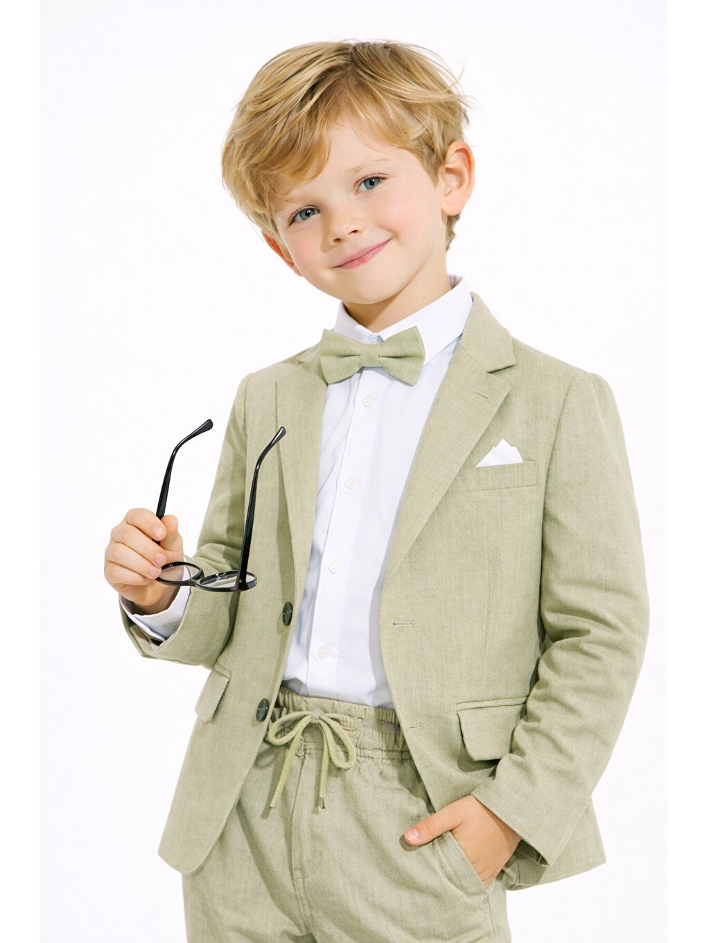 Yeşil Keten Ceket ve Pantolonlu Erkek Çocuk Papyonlu 4lü Takım Elbise 23522-3