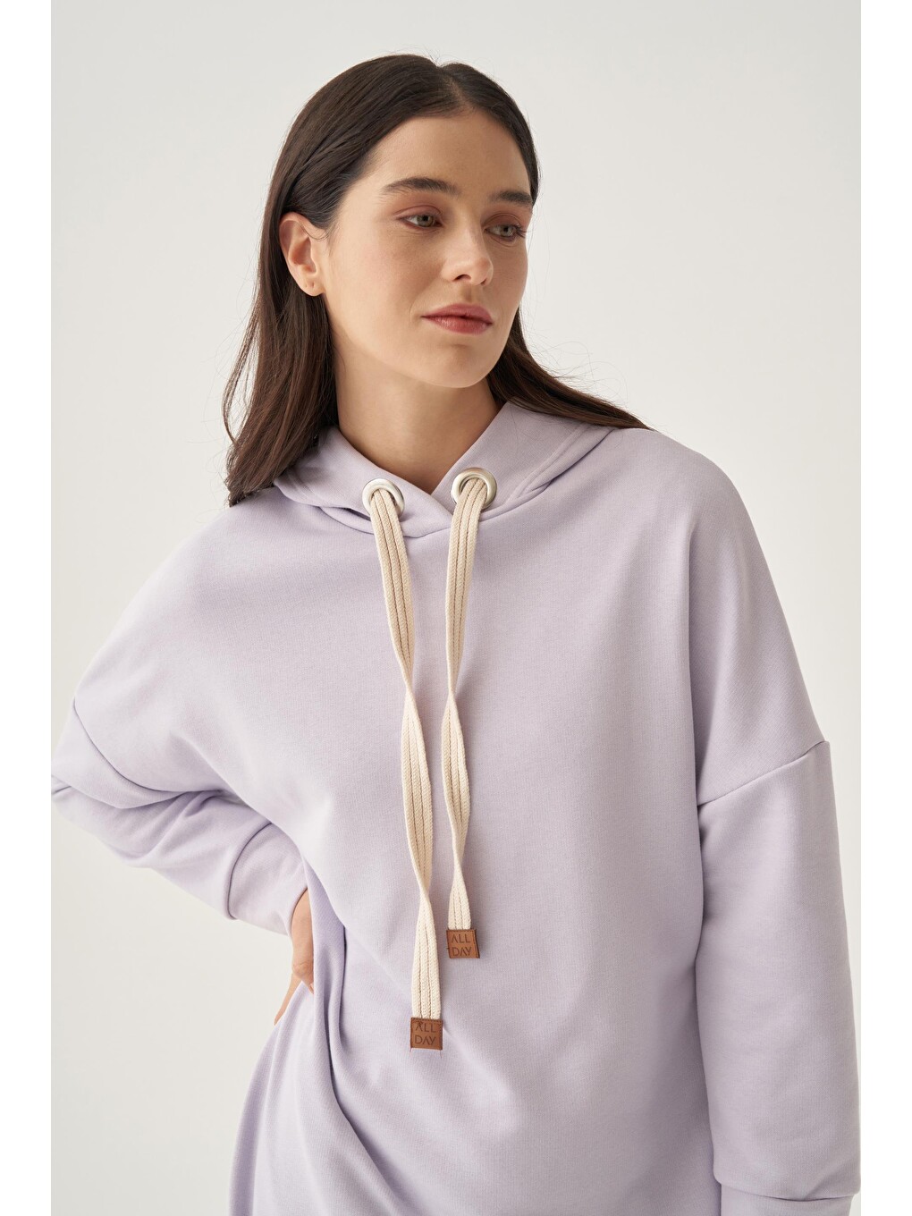 Lila-kuşgözlü Kapüşonlu Cepli Elastanlı Uzun Sweat-4