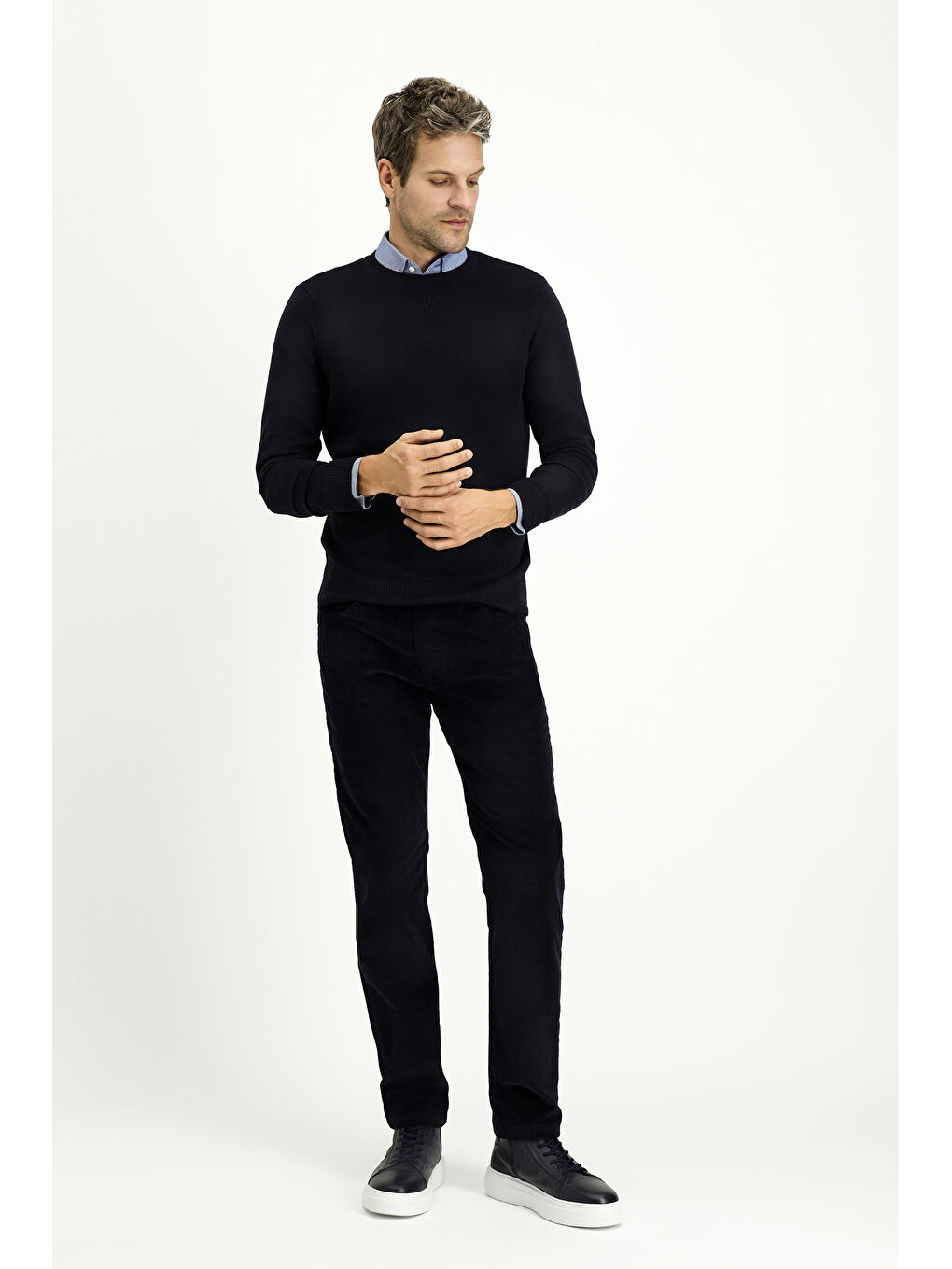 Lacivert Slim Fit Dar Kesim Elastanlı Kadife Pantolon-2