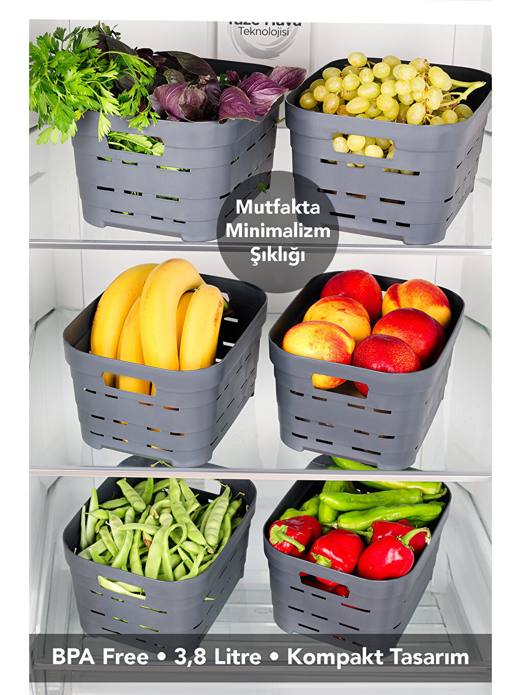 Antrasit 4 Adet Delikli Buzdolabı Düzenleyici 3,8 l-2