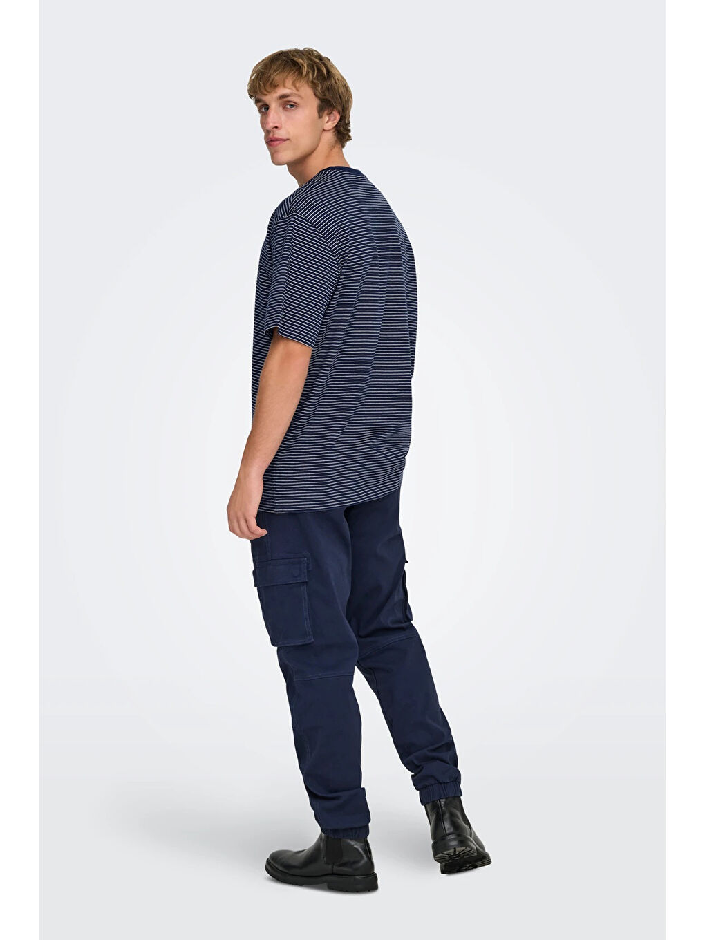 Lacivert Onsfred Pamuklu Relaxed Fit Çizgili Bisiklet Yaka T Shirt 22036384-3