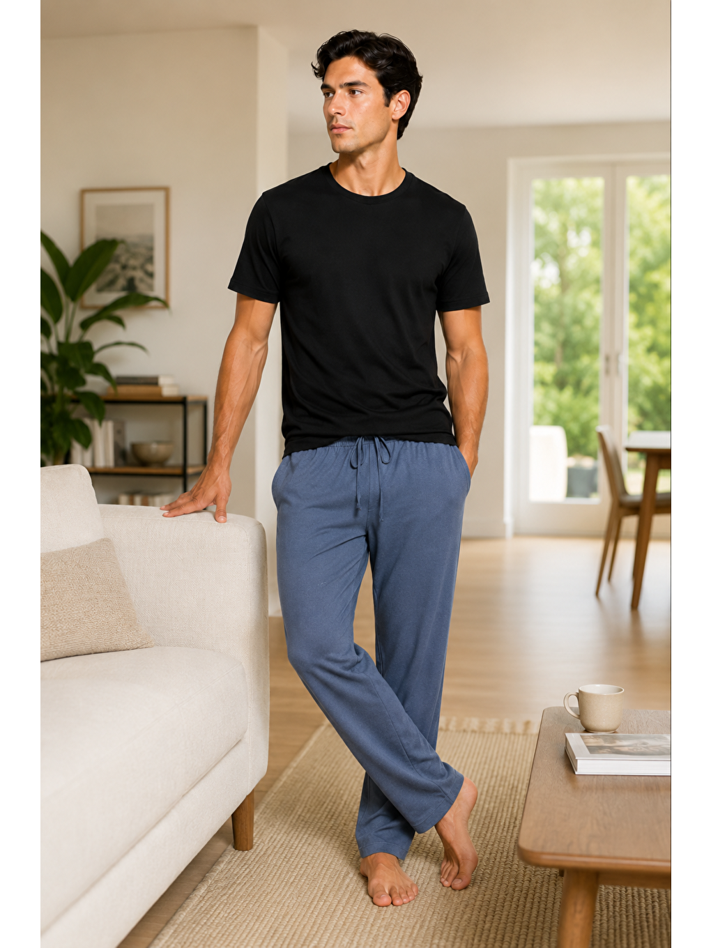 Gri Erkek %100 Doğal Pamuk Yüksek Kaliteli Rahat Kalıp Basic Pijama Takımı-3