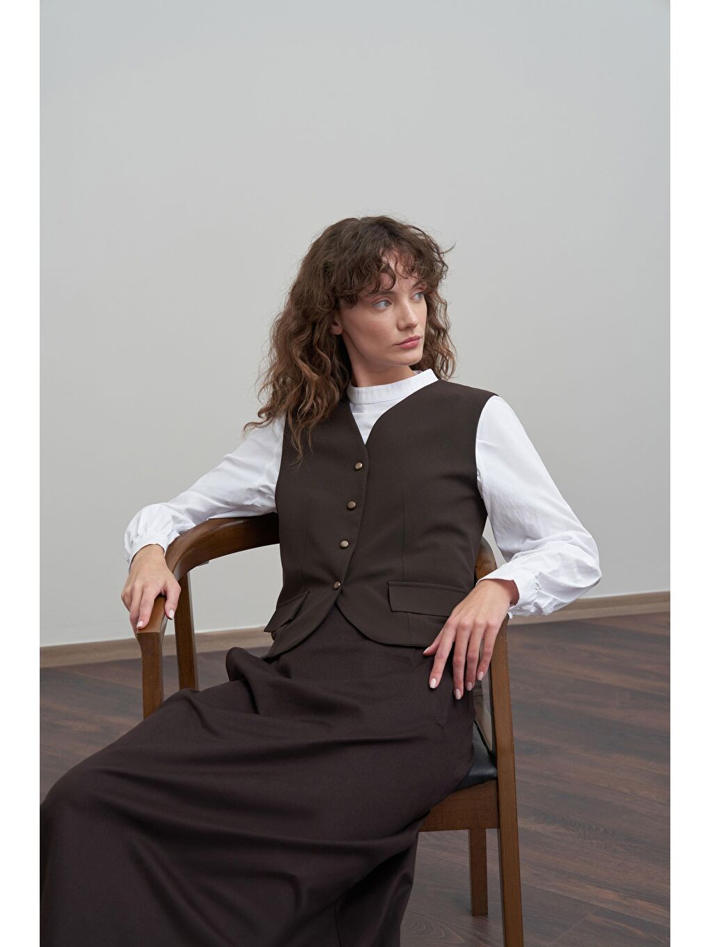 Kahverengi Acı Kahve-V Yaka Polyviscon Yelek-4