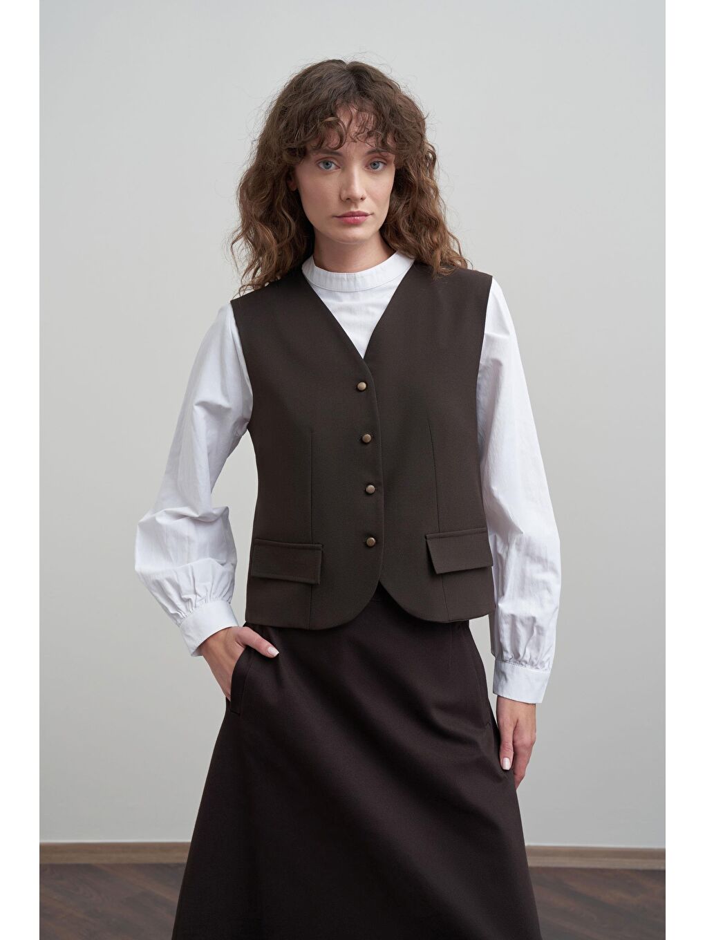 Kahverengi Acı Kahve-V Yaka Polyviscon Yelek-5