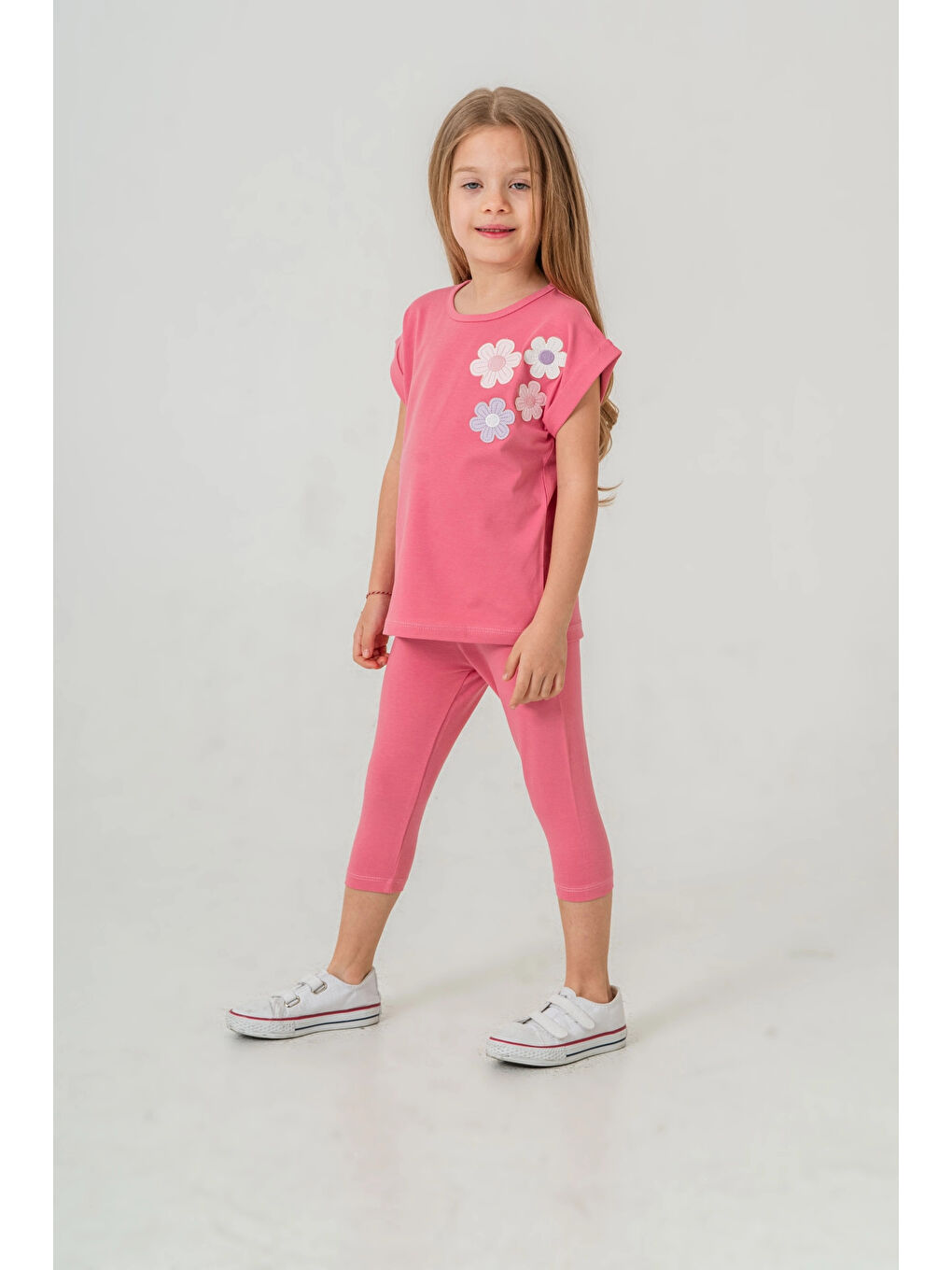 Pembe Çiçek Aplikeli Kız Çocuk Takımı 50362-1