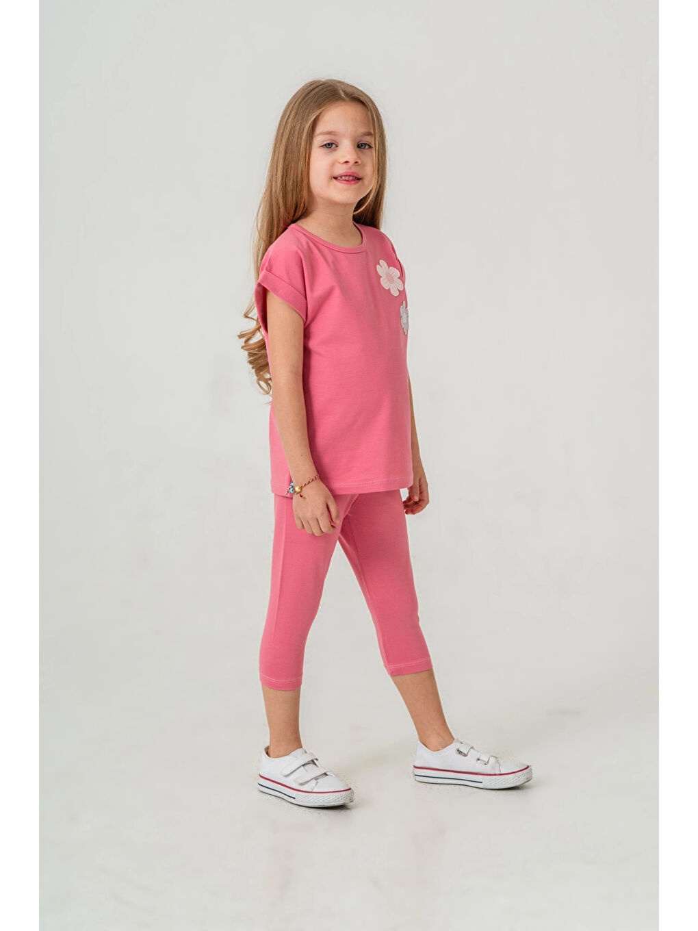 Pembe Çiçek Aplikeli Kız Çocuk Takımı 50362-3