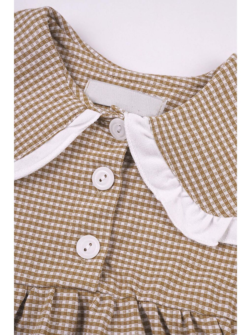 Bebe Yaka Uzun Kol Pötikareli Düğmeli Koyu Bej Renk Kız Çocuk Elbise-1