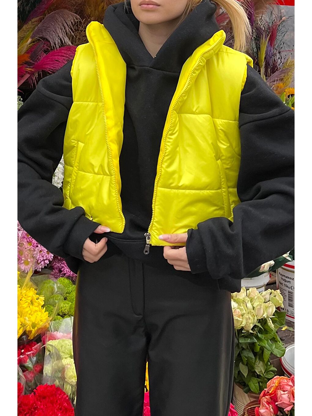 Sarı Dik Yaka Çift Cepli Full Dolum Şişme Beli Ayarlanabilir Şişme Yelek RK7994-1