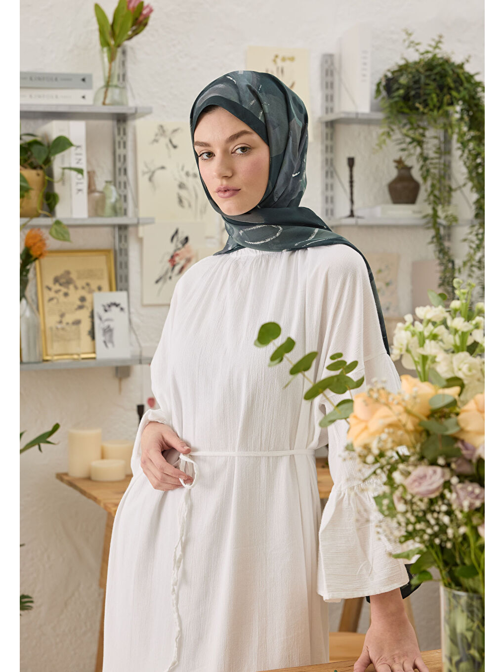 Yeşil Dark Garden Desen Şal Koyu Mint-1