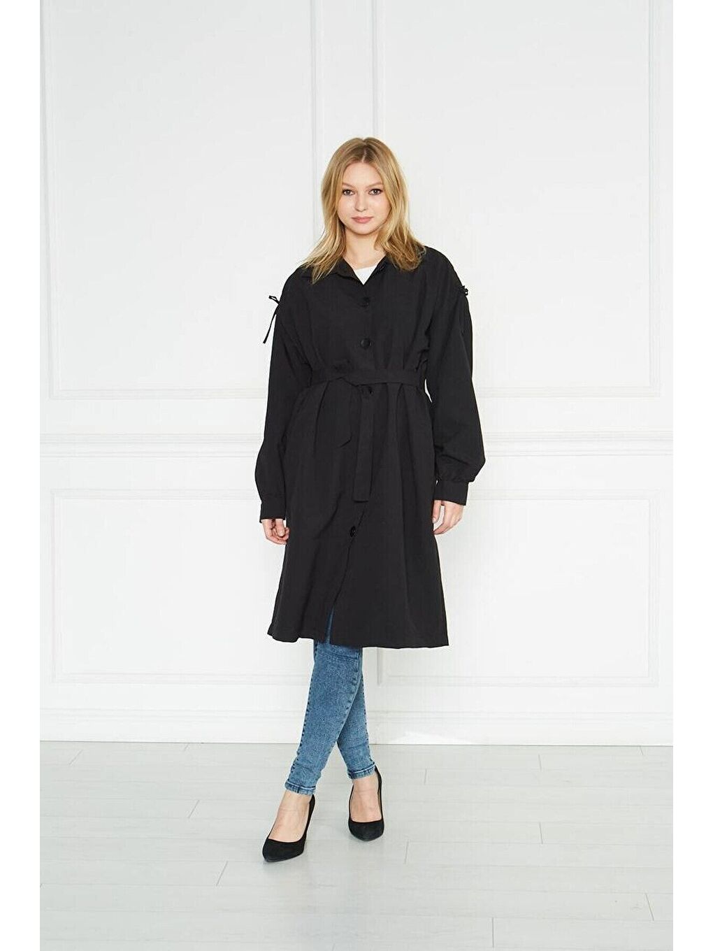 Siyah Kadın Astarsız Trençkot Owersize Ince Gabardin Düğmeli