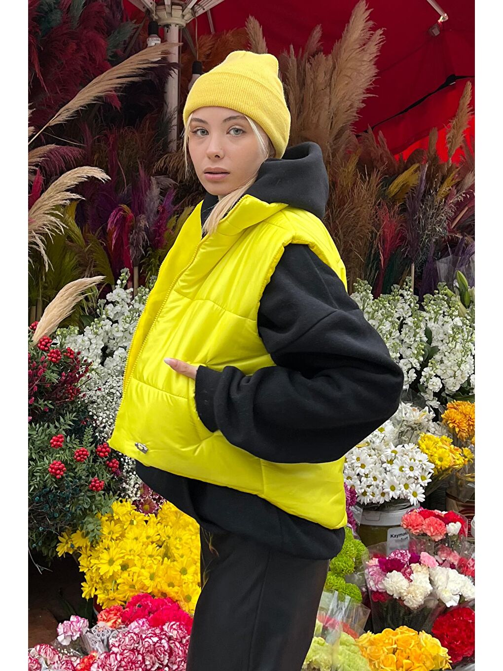 Sarı Dik Yaka Çift Cepli Full Dolum Şişme Beli Ayarlanabilir Şişme Yelek RK7994-2