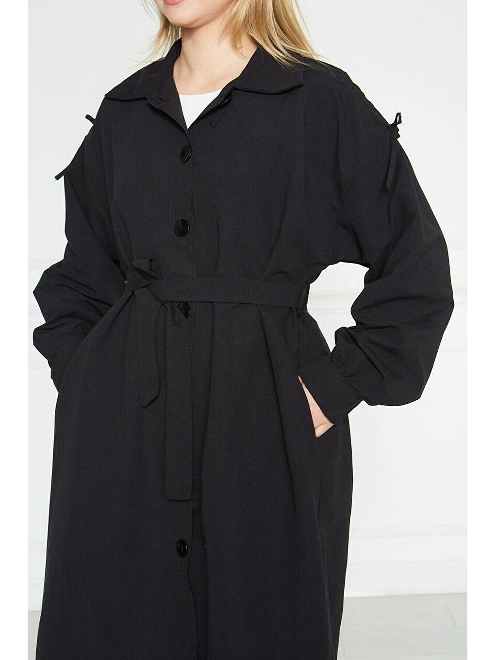 Siyah Kadın Astarsız Trençkot Owersize Ince Gabardin Düğmeli-1