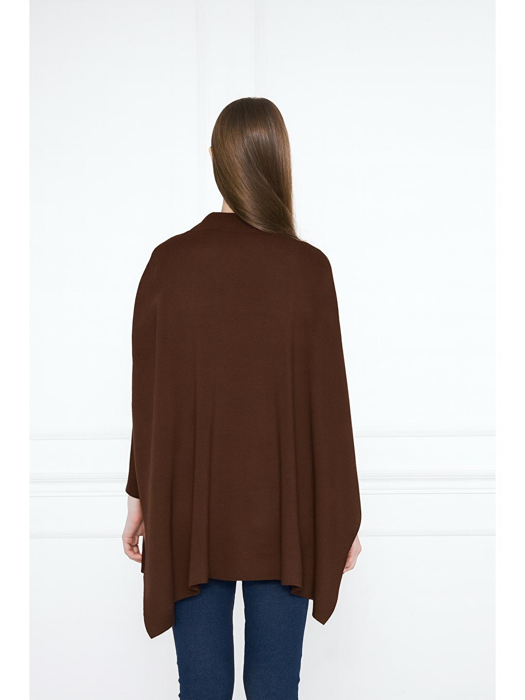 Kahverengi Kadın Yandan Yırtmaçlı Oversize Panço Kazak-4