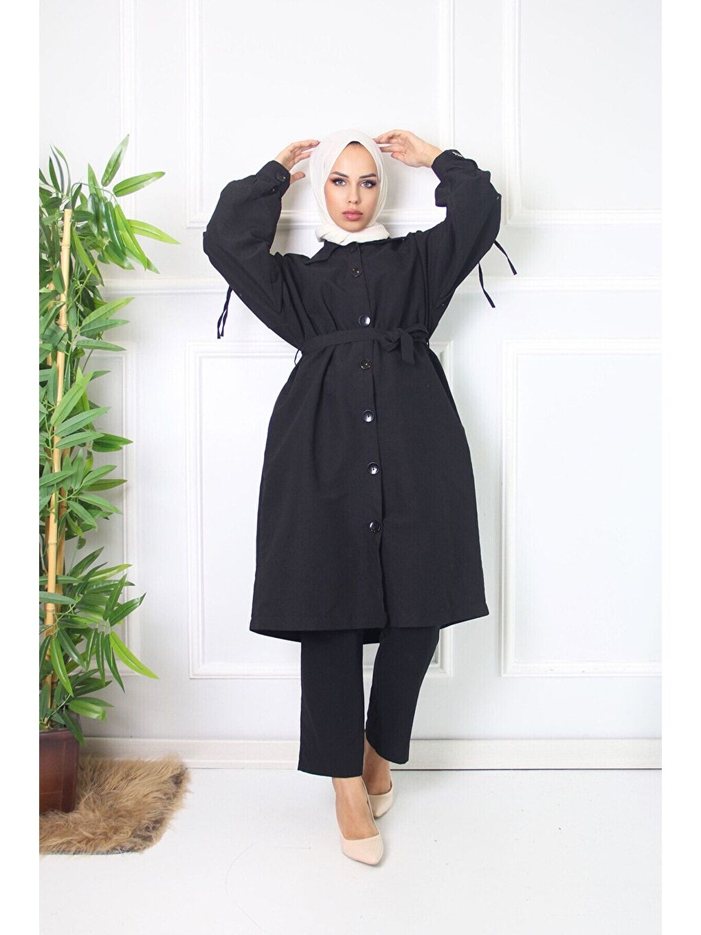 Siyah Kadın Astarsız Trençkot Owersize Ince Gabardin Düğmeli-2