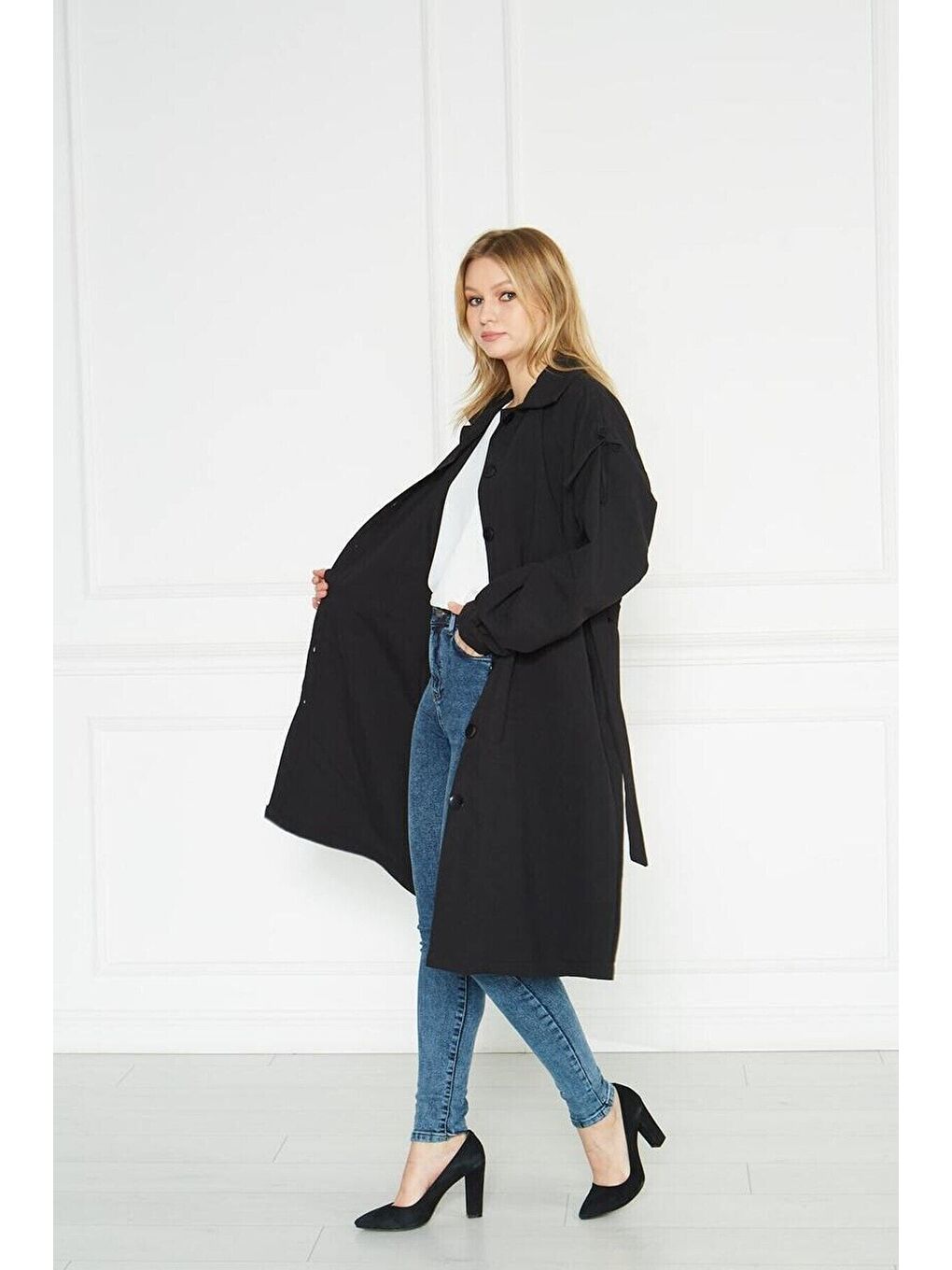 Siyah Kadın Astarsız Trençkot Owersize Ince Gabardin Düğmeli-3