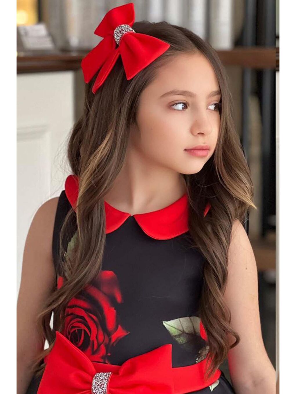 Kız Çocuk Bebe Yaka Gül Baskılı Siyah Elbise-3