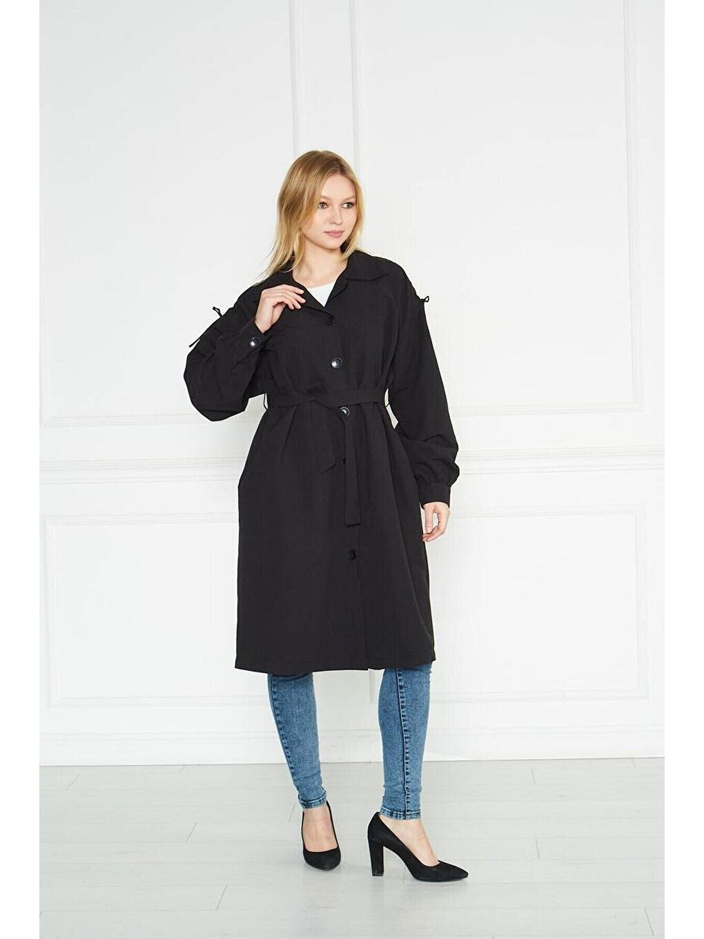 Siyah Kadın Astarsız Trençkot Owersize Ince Gabardin Düğmeli-4