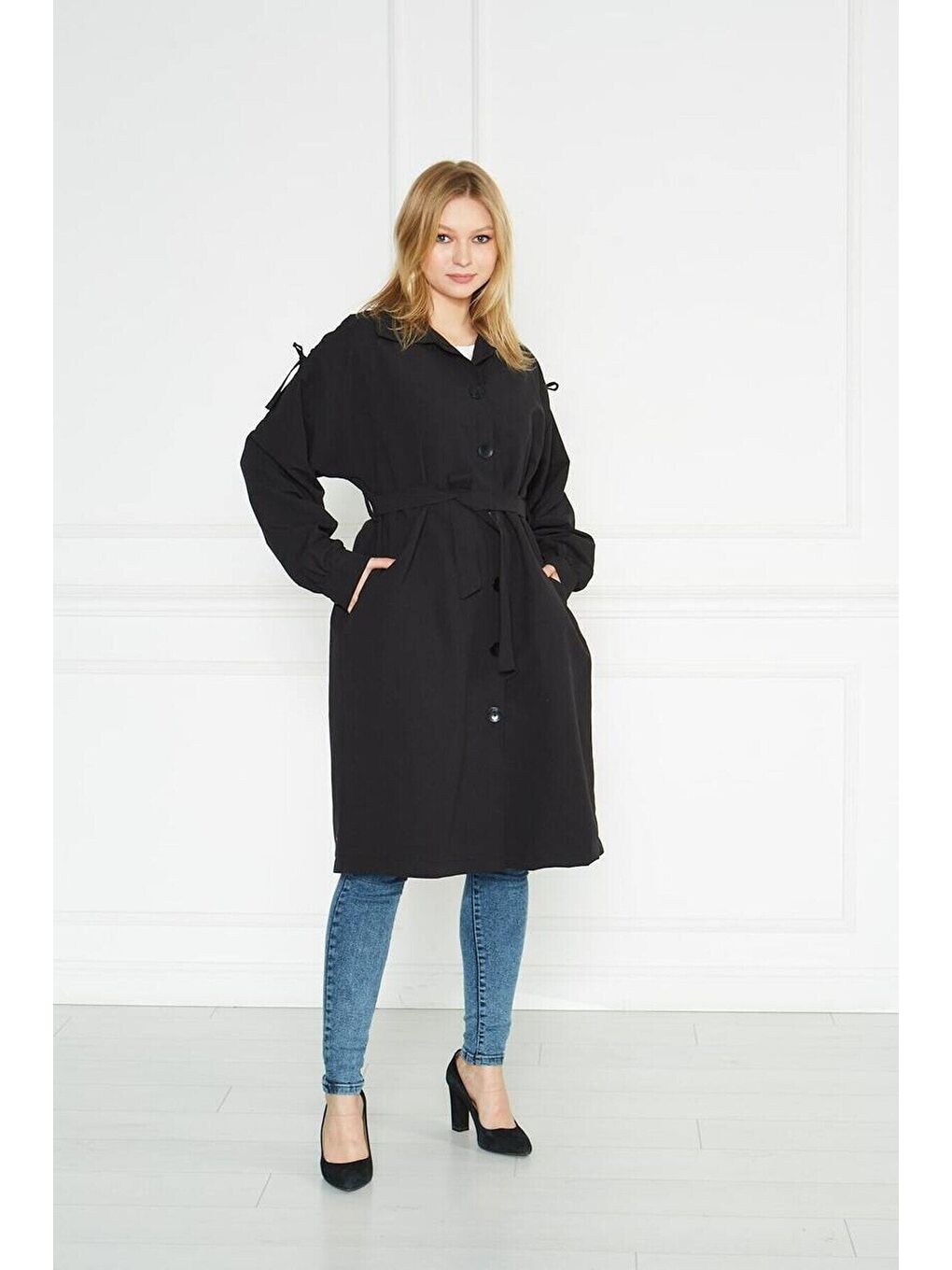 Siyah Kadın Astarsız Trençkot Owersize Ince Gabardin Düğmeli-5