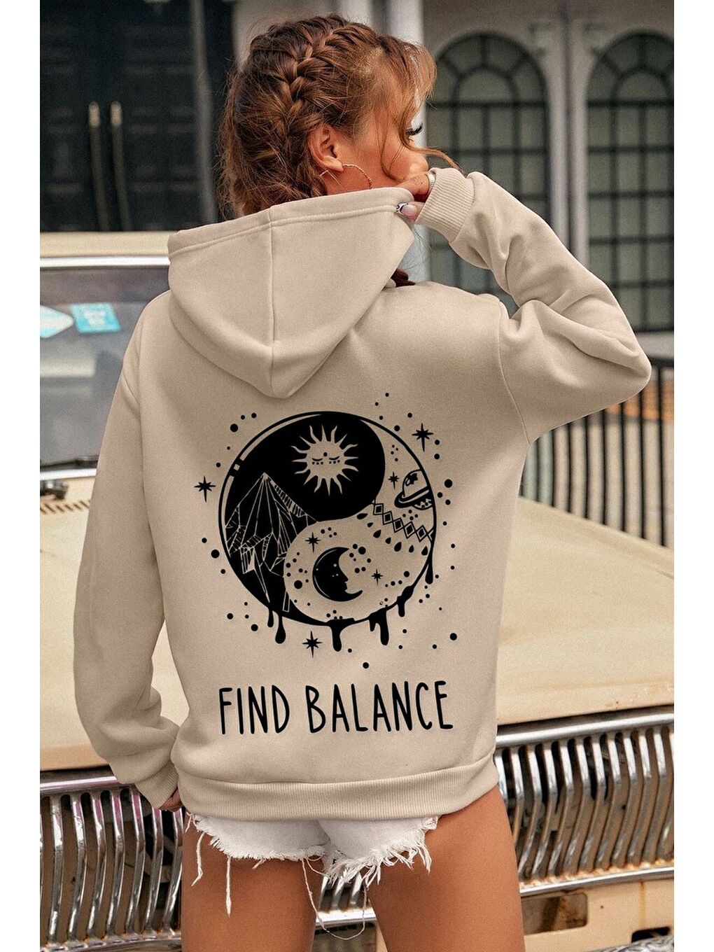 uyguntarz Bej Unisex Yin & Yang Tasarım Sweatshirt