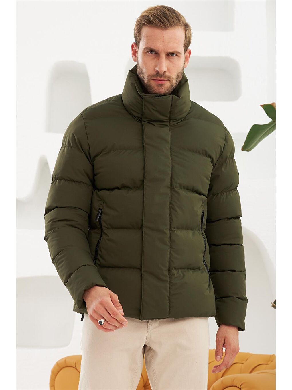 Erkek Dik Yaka Yağmur Ve Rüzgar Geçirmez Puffer Şişme Mont Haki