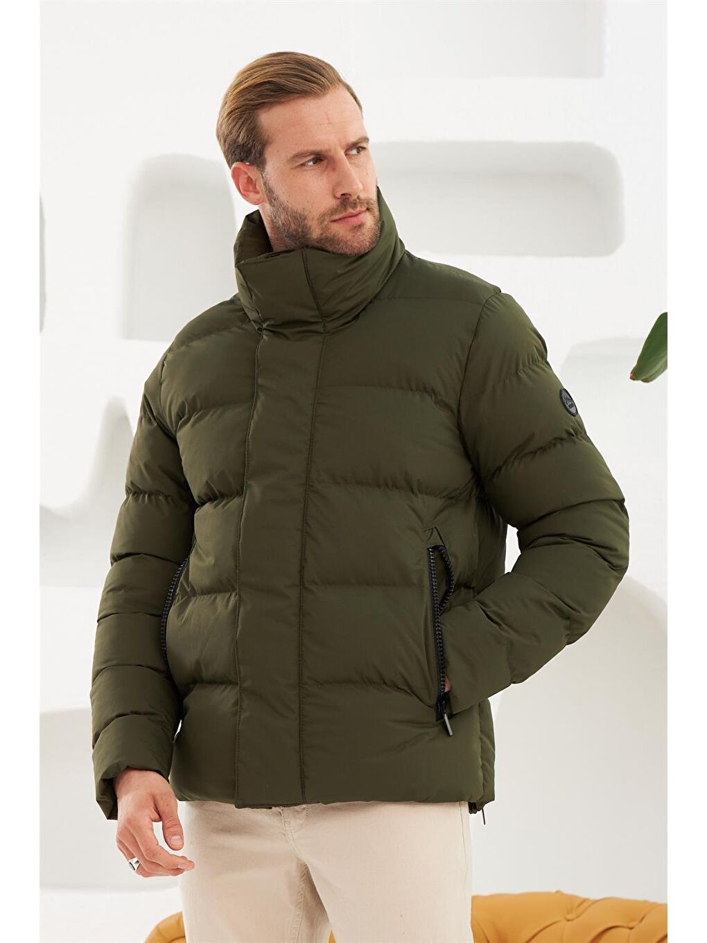 Erkek Dik Yaka Yağmur Ve Rüzgar Geçirmez Puffer Şişme Mont Haki-1