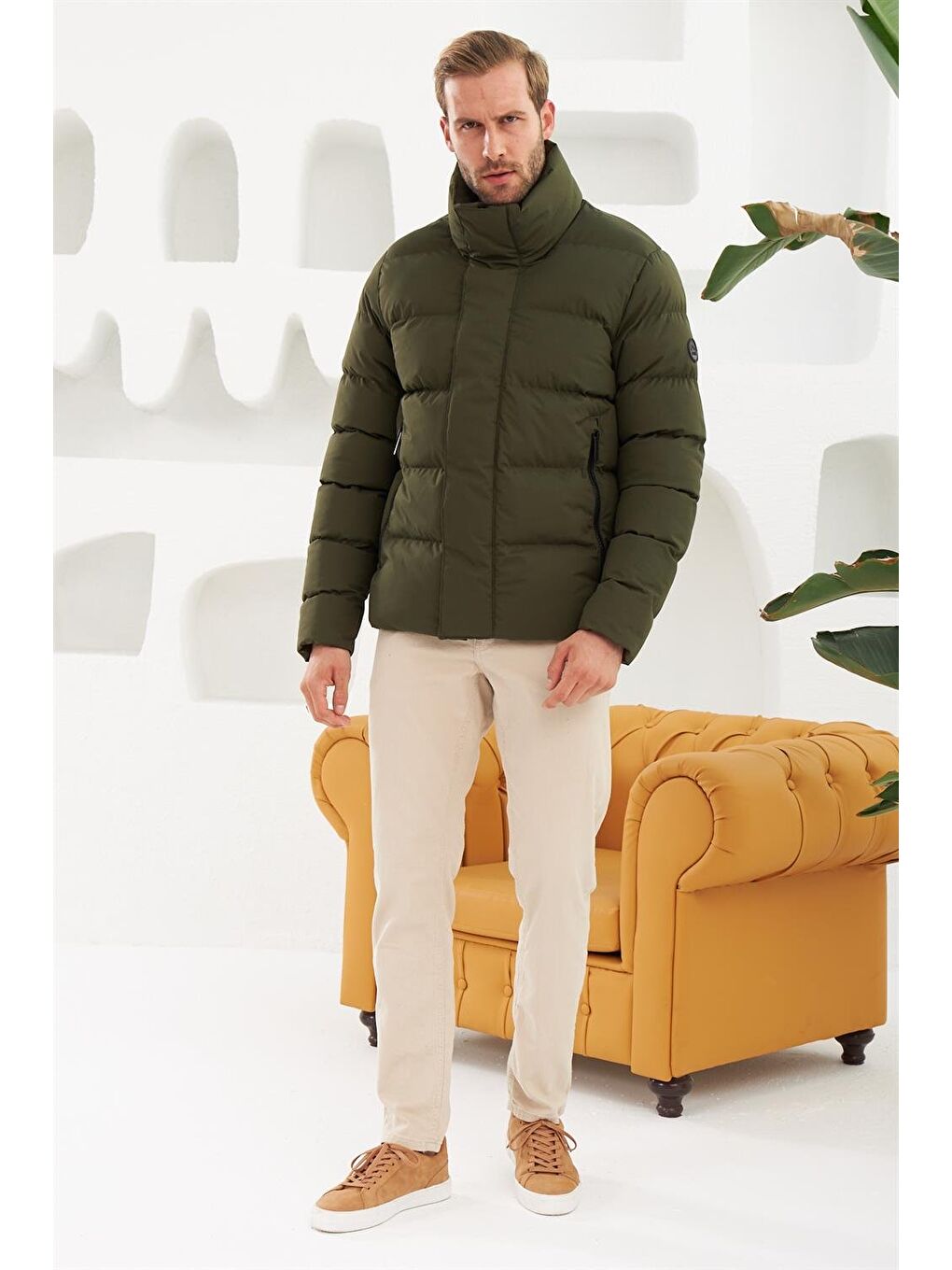 Erkek Dik Yaka Yağmur Ve Rüzgar Geçirmez Puffer Şişme Mont Haki-2