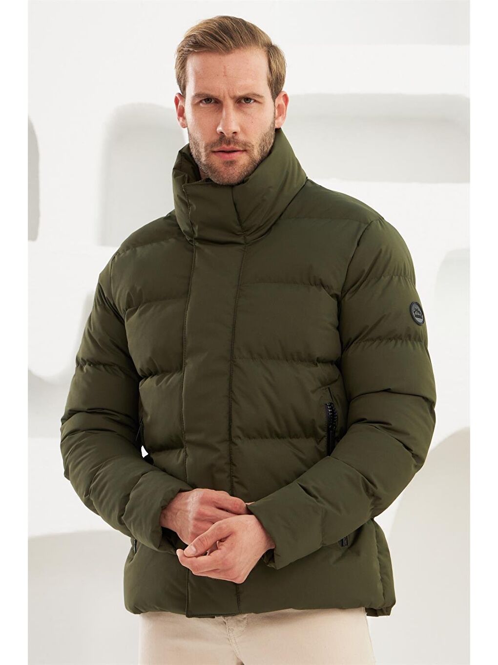 Erkek Dik Yaka Yağmur Ve Rüzgar Geçirmez Puffer Şişme Mont Haki-3