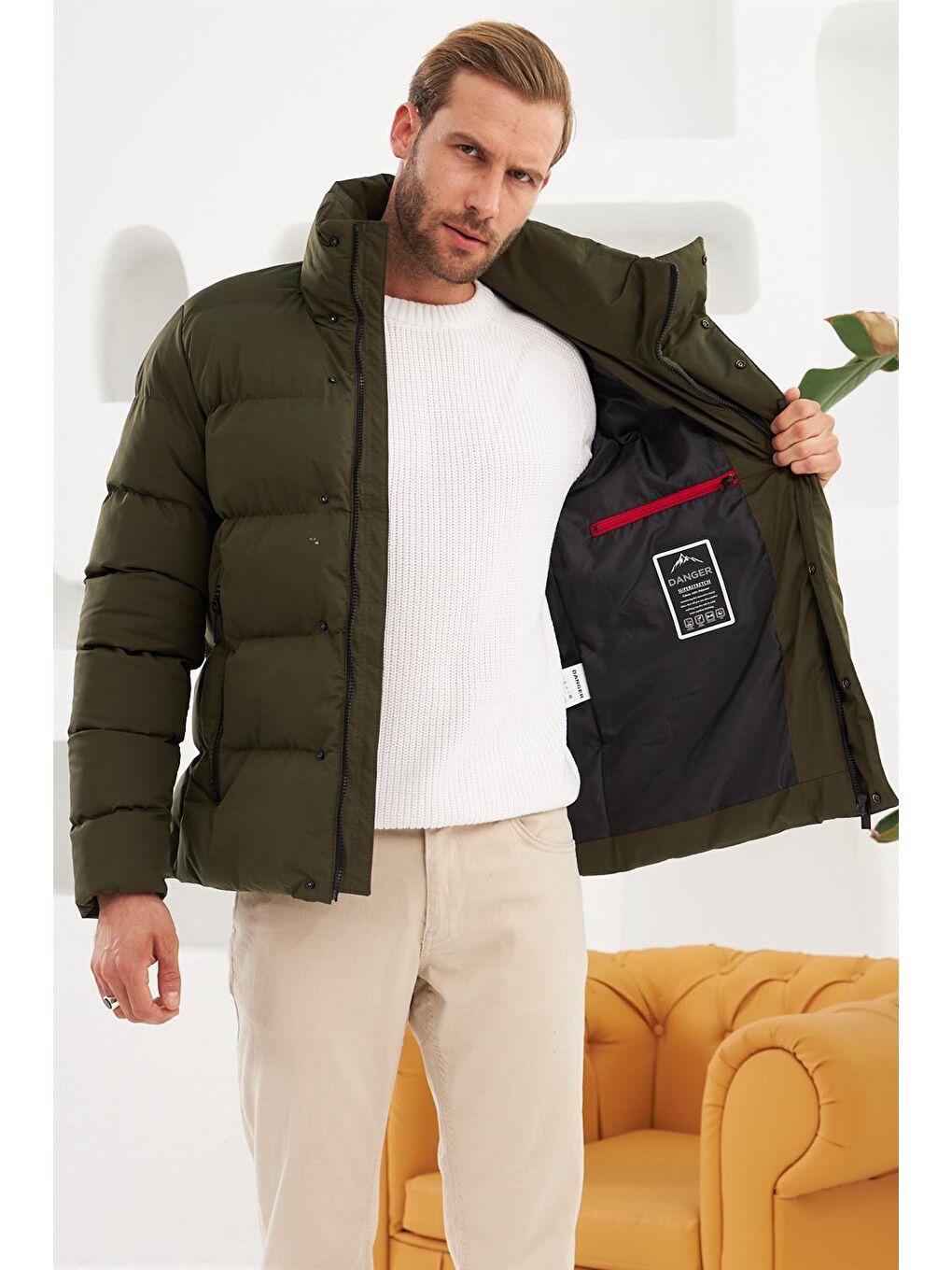 Erkek Dik Yaka Yağmur Ve Rüzgar Geçirmez Puffer Şişme Mont Haki-4