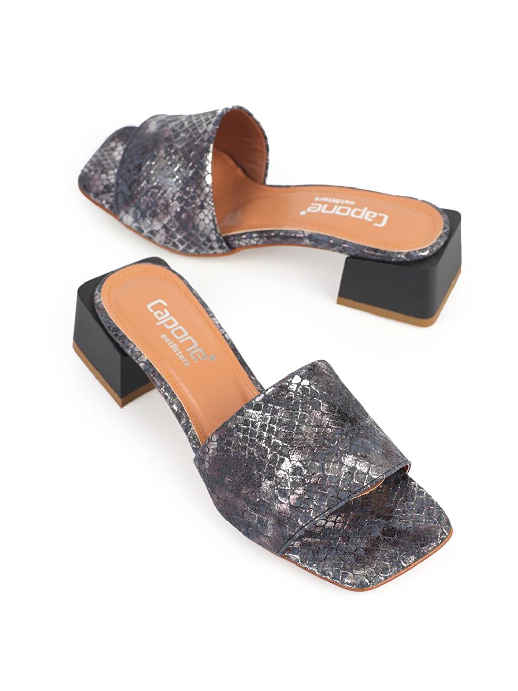 Antrasit Küt Burunlu Tek Bantlı Blok Topuklu Saten Labirent Desenli Kadın Terlik-1