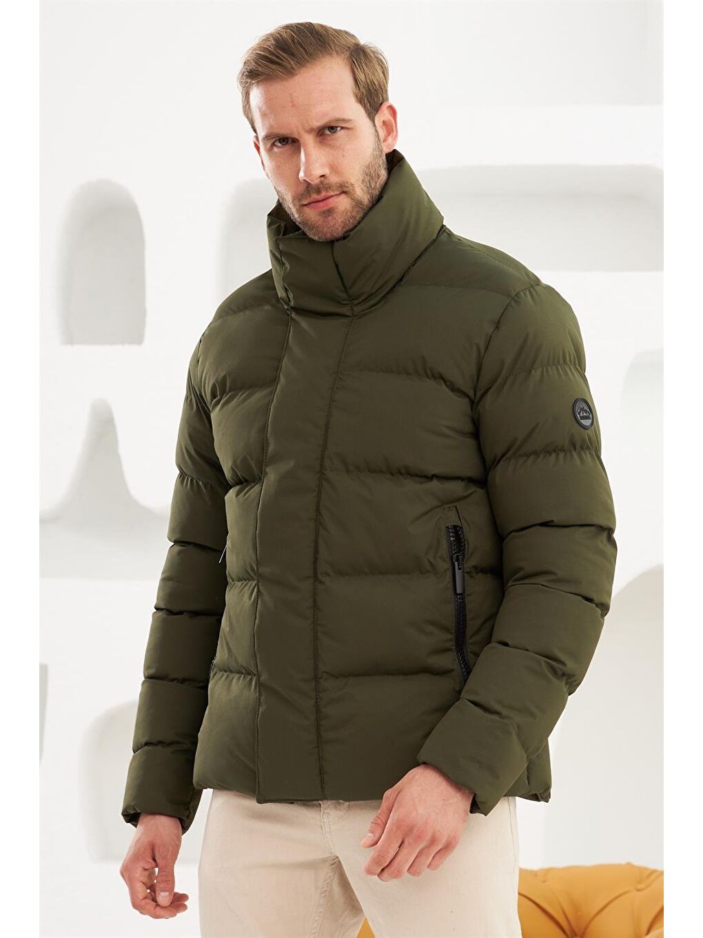 Erkek Dik Yaka Yağmur Ve Rüzgar Geçirmez Puffer Şişme Mont Haki-5