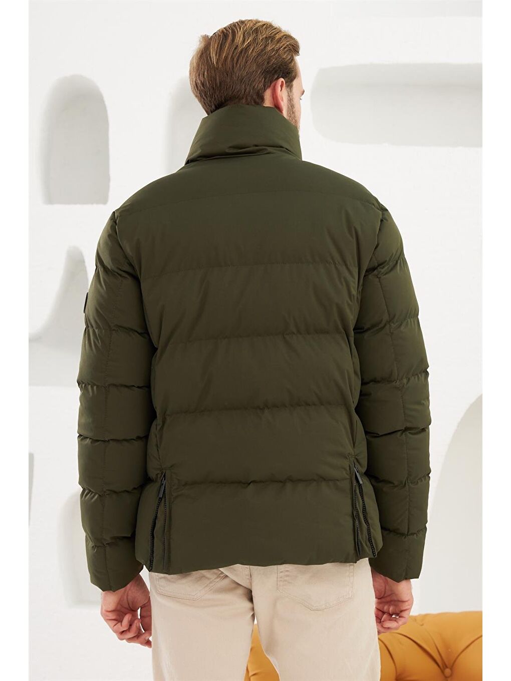 Erkek Dik Yaka Yağmur Ve Rüzgar Geçirmez Puffer Şişme Mont Haki-6