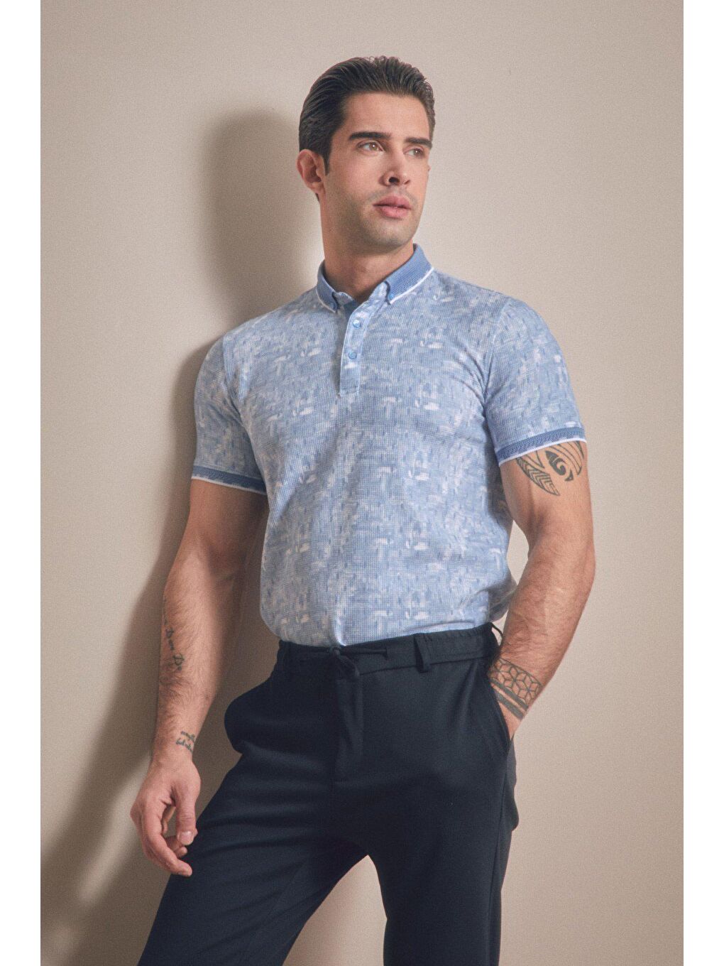 Mavi Baskılı Polo Yaka Slim Fit Tişört