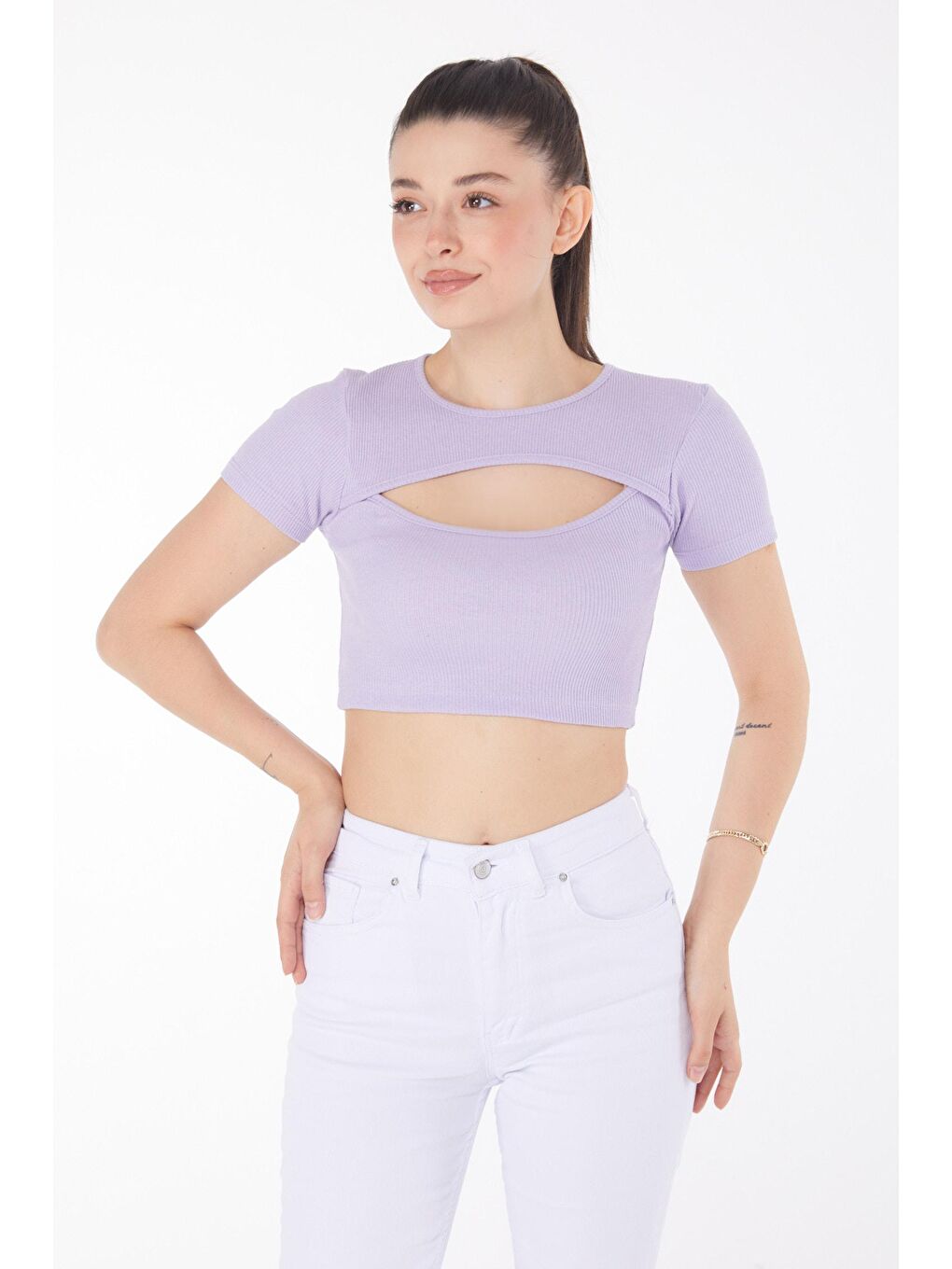 TOFİSA Lila Düz Bisiklet Yaka Kadın Lila Crop  - 25852