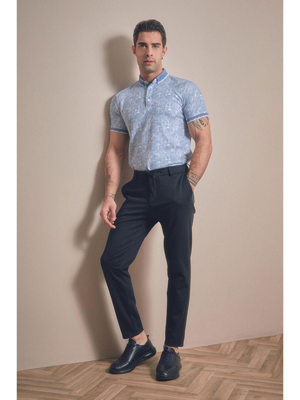 Mavi Baskılı Polo Yaka Slim Fit Tişört-1