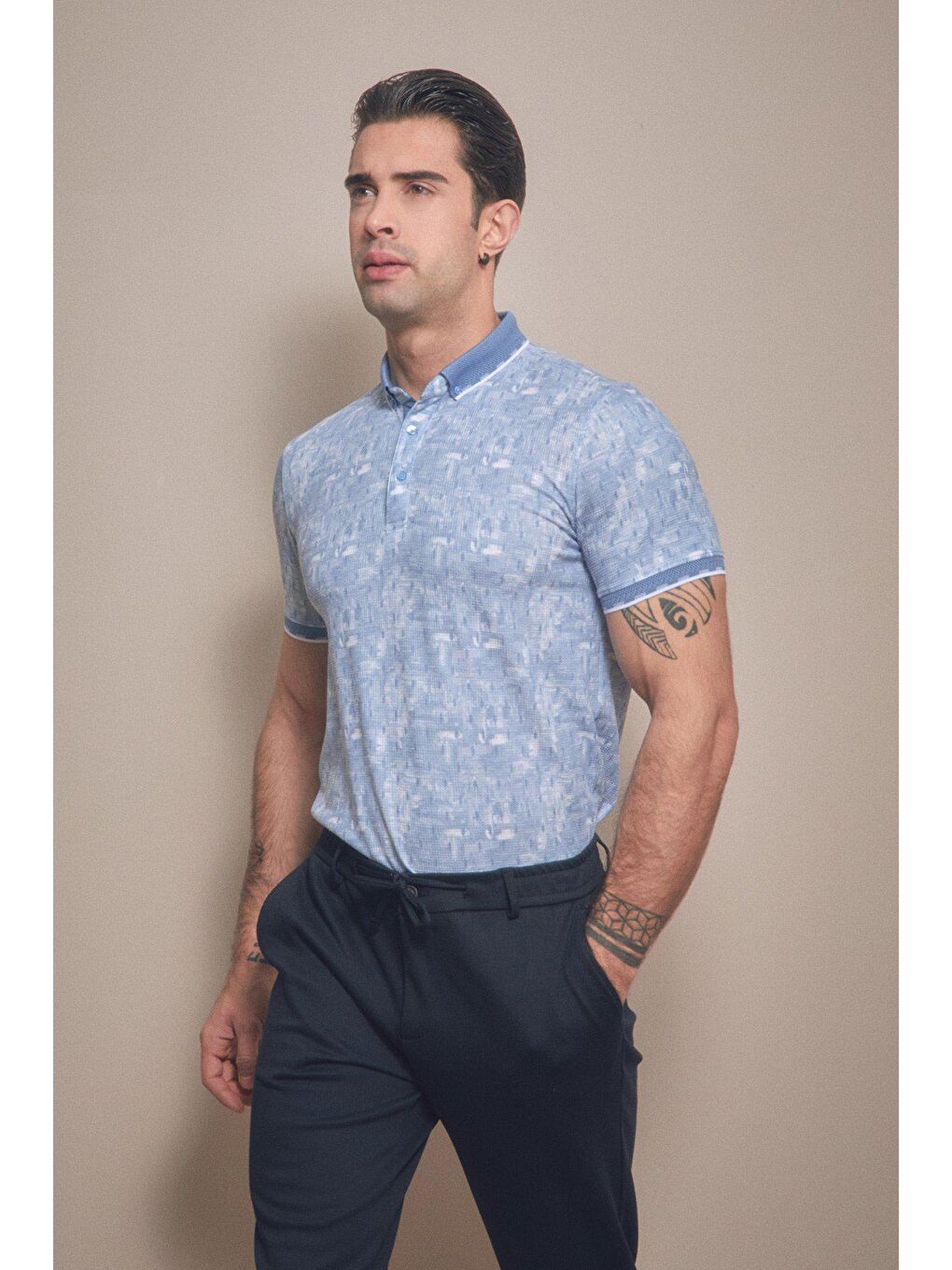 Mavi Baskılı Polo Yaka Slim Fit Tişört-2