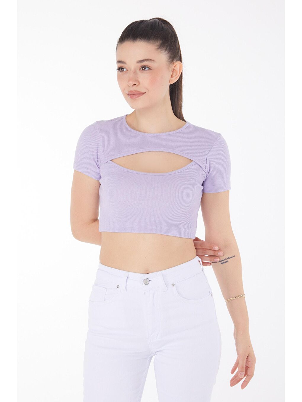 TOFİSA Lila Düz Bisiklet Yaka Kadın Lila Crop  - 25852 - 1