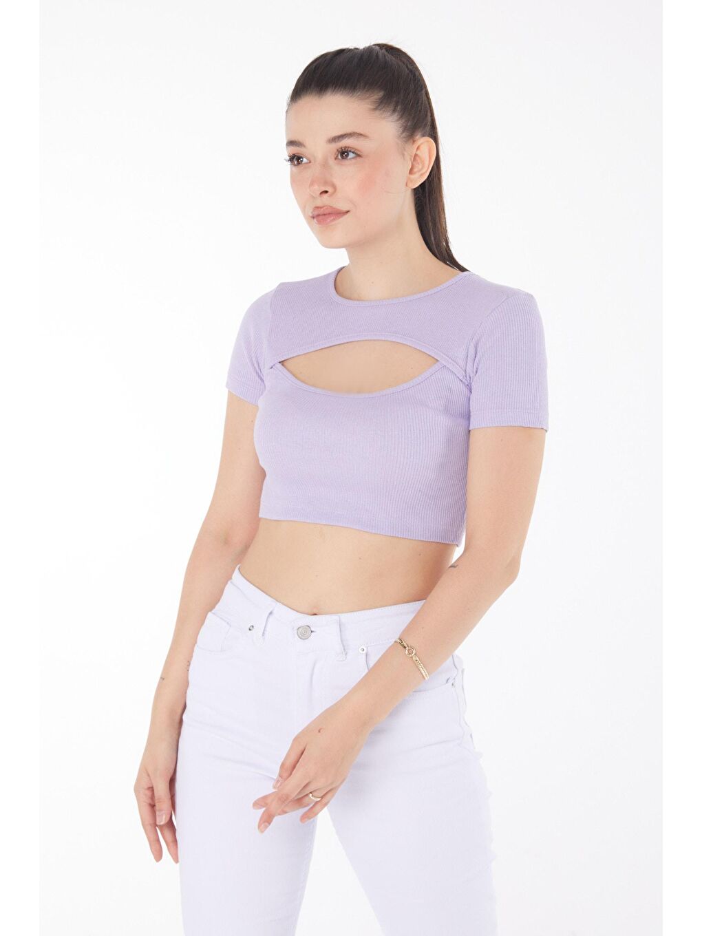 TOFİSA Lila Düz Bisiklet Yaka Kadın Lila Crop  - 25852 - 2