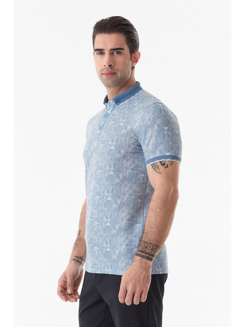 Mavi Baskılı Polo Yaka Slim Fit Tişört-4