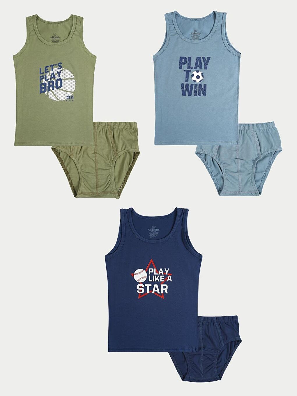 Vitmo Karişik Erkek Çocuk Pamuklu 3'Lü Atlet 3'Lü Slip Karışık Renk Sport 6 Parça Set